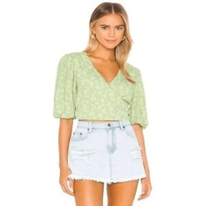 MINKPINK Summer Lovin Wrap Top Green Floral Blouse Crop Puff Sleeve‎ Small